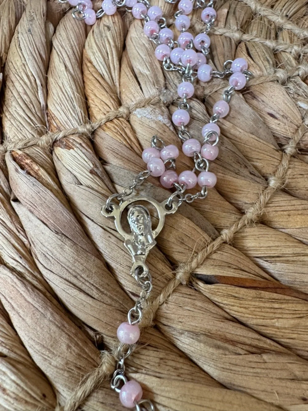 Roman Baby Rosary Set with Pink Beads and Decorative Cross